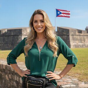 V-Neck Rollable Sleeve Half Front Zip Green Fashion Stylish Casual Blouse